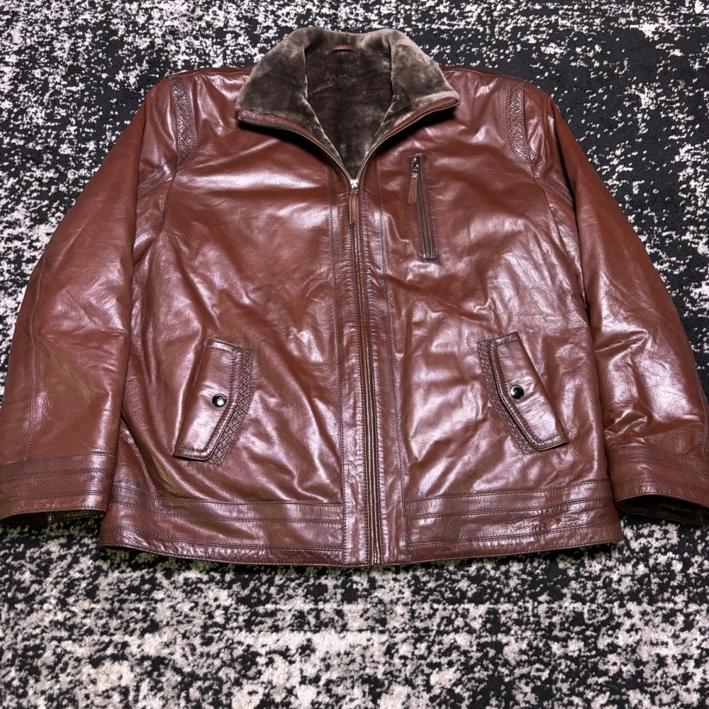 Vintage Camacho Brown Leather Faux Fur Lined Heavy Jacket Mens 58 XL XXL